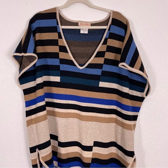 Mara Hoffman Blue, Black, Cream, & Tan Striped Wool Blend Short Sleeve Top - Picture 3 of 8
